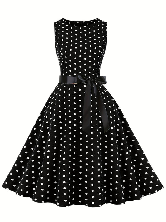 Damen Vintage Rockabilly Polka Dots Kleid mit Schleifen-Gürtel, Elegant, Ärmelos, Festlich & Alltag