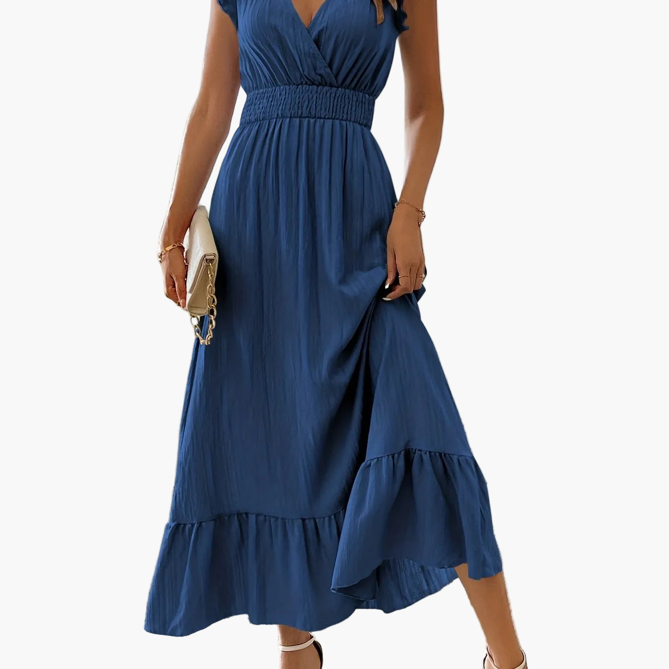 Damen Elegantes Maxikleid mit V-Ausschnitt und Rüschen – Perfekt für Sommer und besondere Anlässe