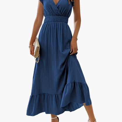 Damen Elegantes Maxikleid mit V-Ausschnitt und Rüschen – Perfekt für Sommer und besondere Anlässe