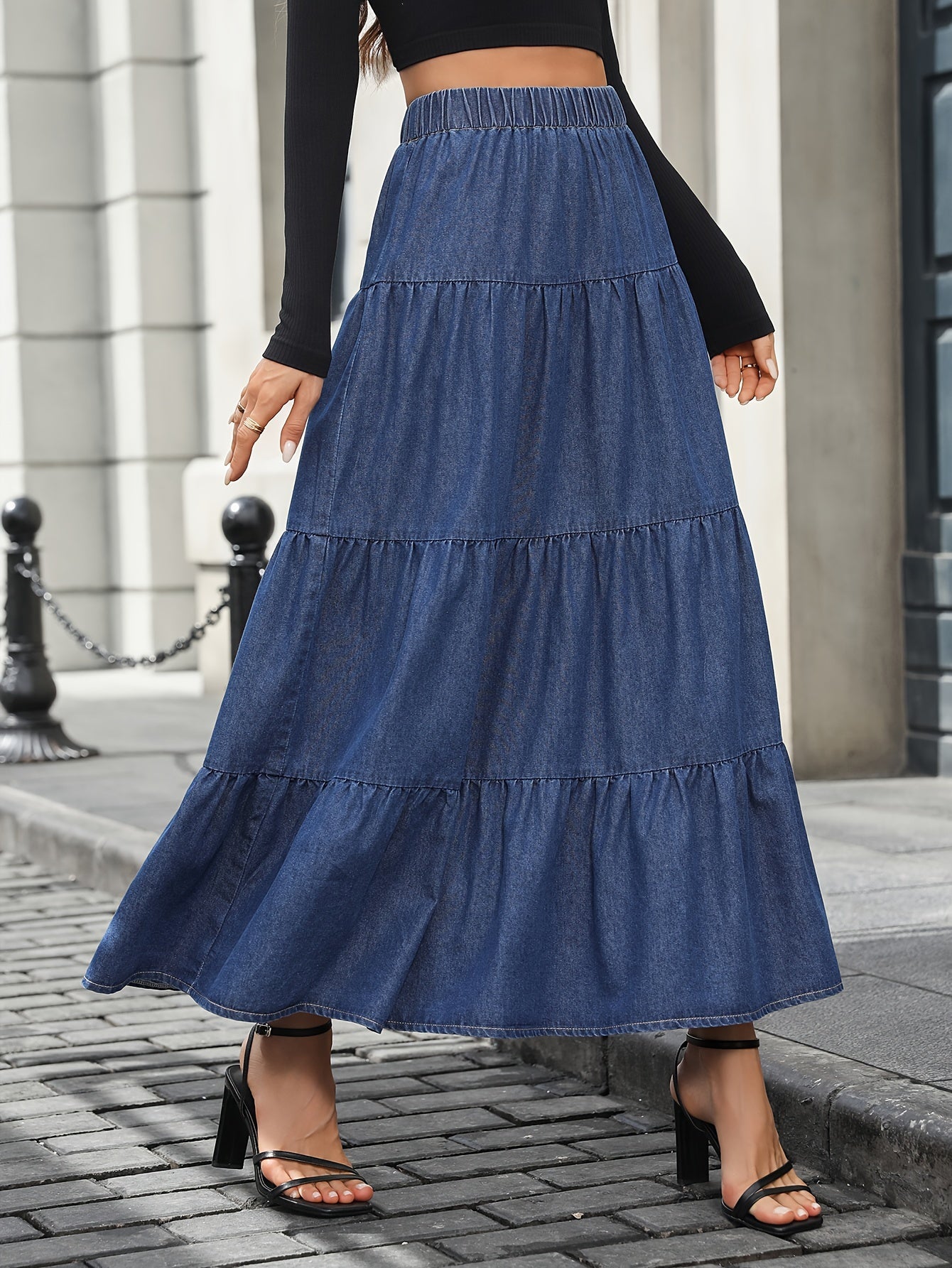 Damen Maxirock Elegant Ausgestellter Jeansrock für Alltag und Freizeit