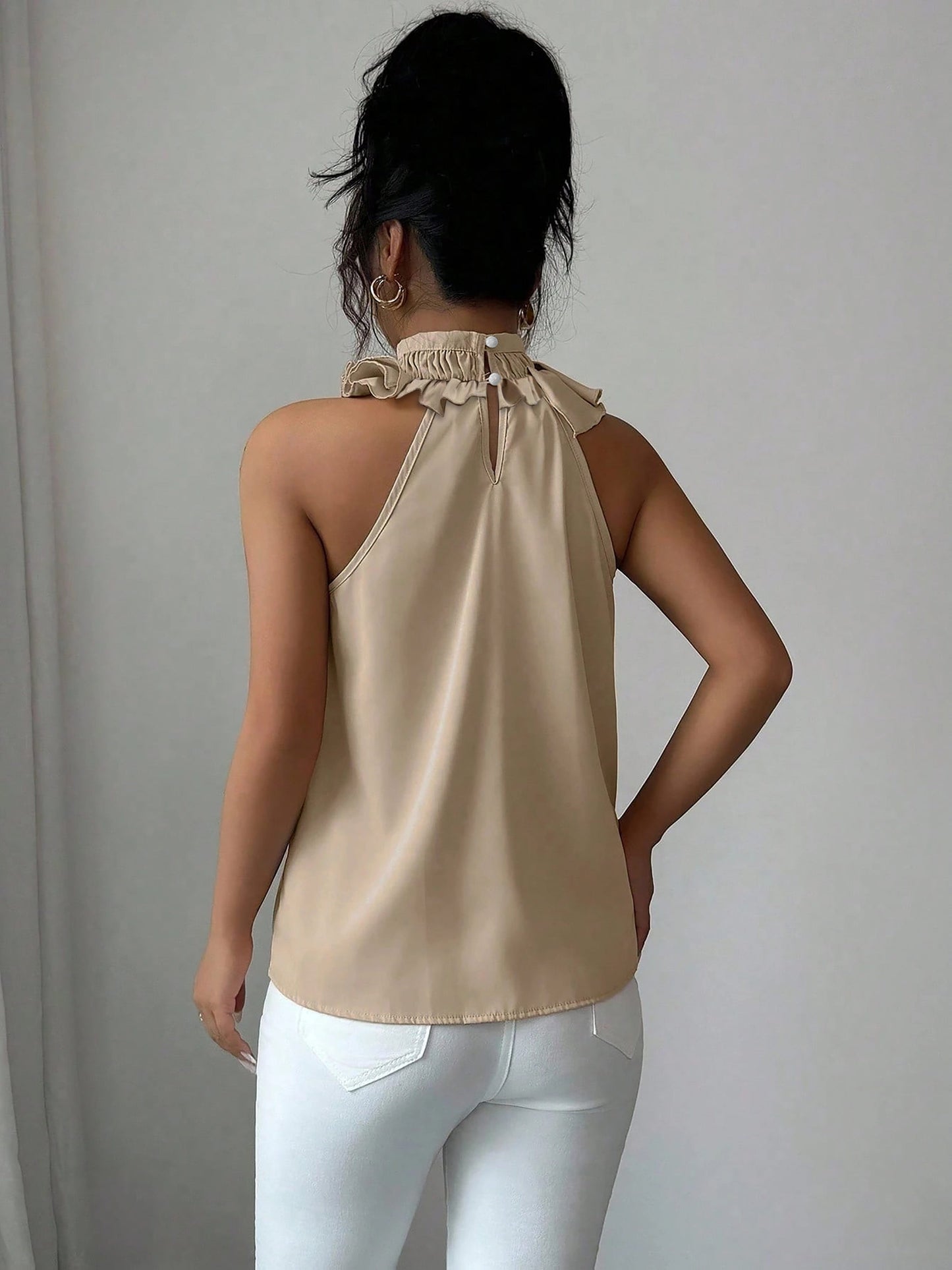 Damen Rüschenbluse mit Stehkragen – Elegante ärmellose Bluse für festliche Anlässe und Büro