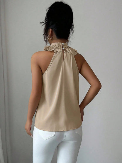Damen Rüschenbluse mit Stehkragen – Elegante ärmellose Bluse für festliche Anlässe und Büro
