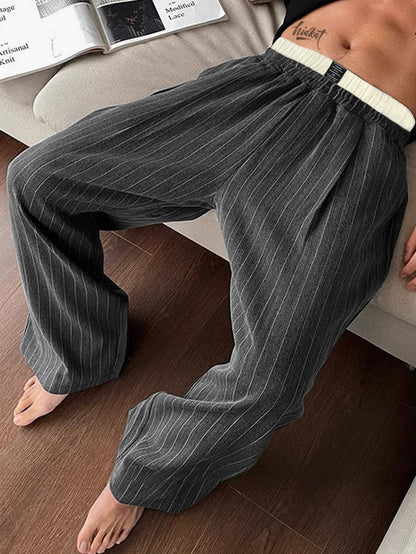 Herren Weite Loungewear Hose mit Nadelstreifen und Elastikbund – Moderner Relaxed Fit für Zuhause und Freizeit