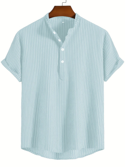 Herren Kurzarm Stehkragen Hemd mit Streifen – Modernes Casual Design für Alltag und Freizeit
