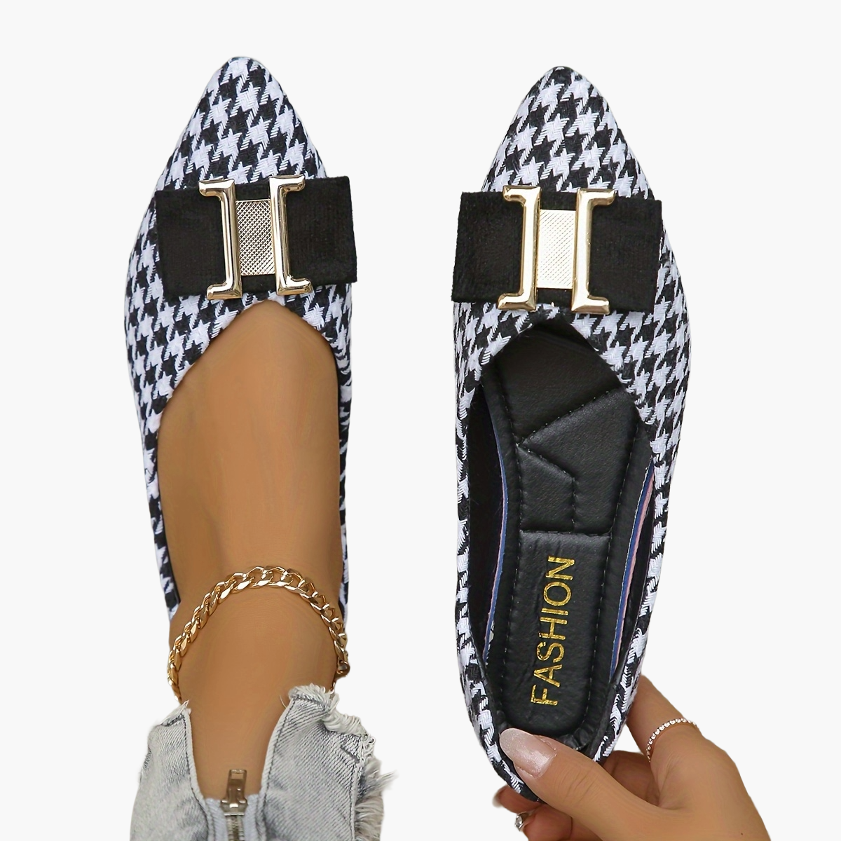Damen Ballerinas mit Hahnentritt-Muster und Schleifendetail – Elegante Flats für Alltag und Büro