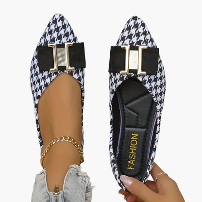 Damen Ballerinas mit Hahnentritt-Muster und Schleifendetail – Elegante Flats für Alltag und Büro