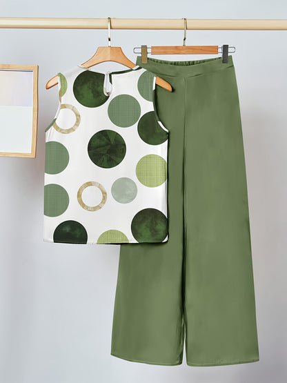 Damen Zweiteiler Set – Ärmelloses Top mit Muster & Weite Hose – Modischer Alltagslook