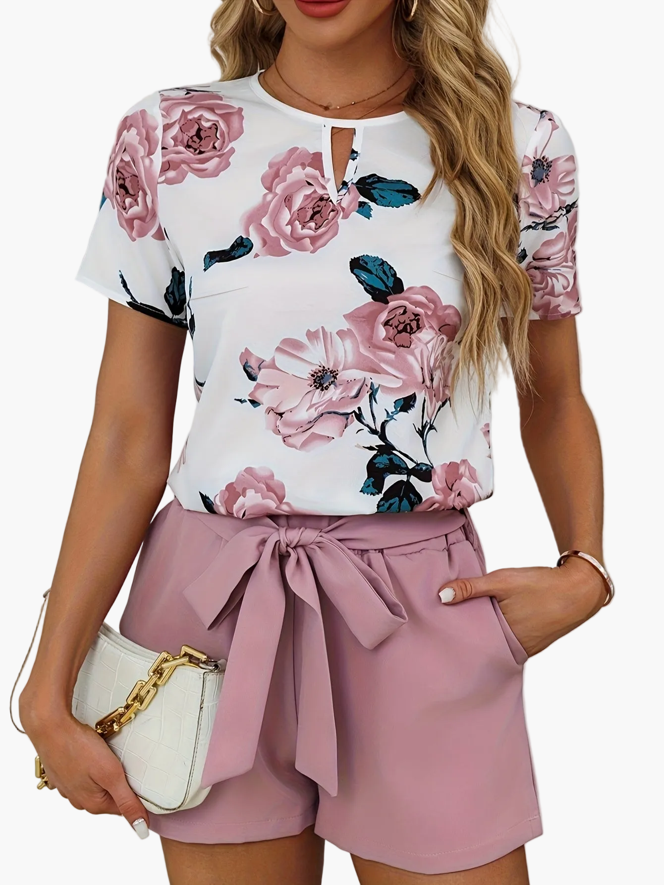 Damen Elegantes Blumen-Set mit Kurzarm-Oberteil und Taillenshorts – Perfekt für Frühling und Sommer