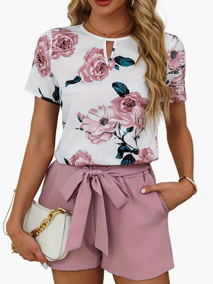 Damen Elegantes Blumen-Set mit Kurzarm-Oberteil und Taillenshorts – Perfekt für Frühling und Sommer