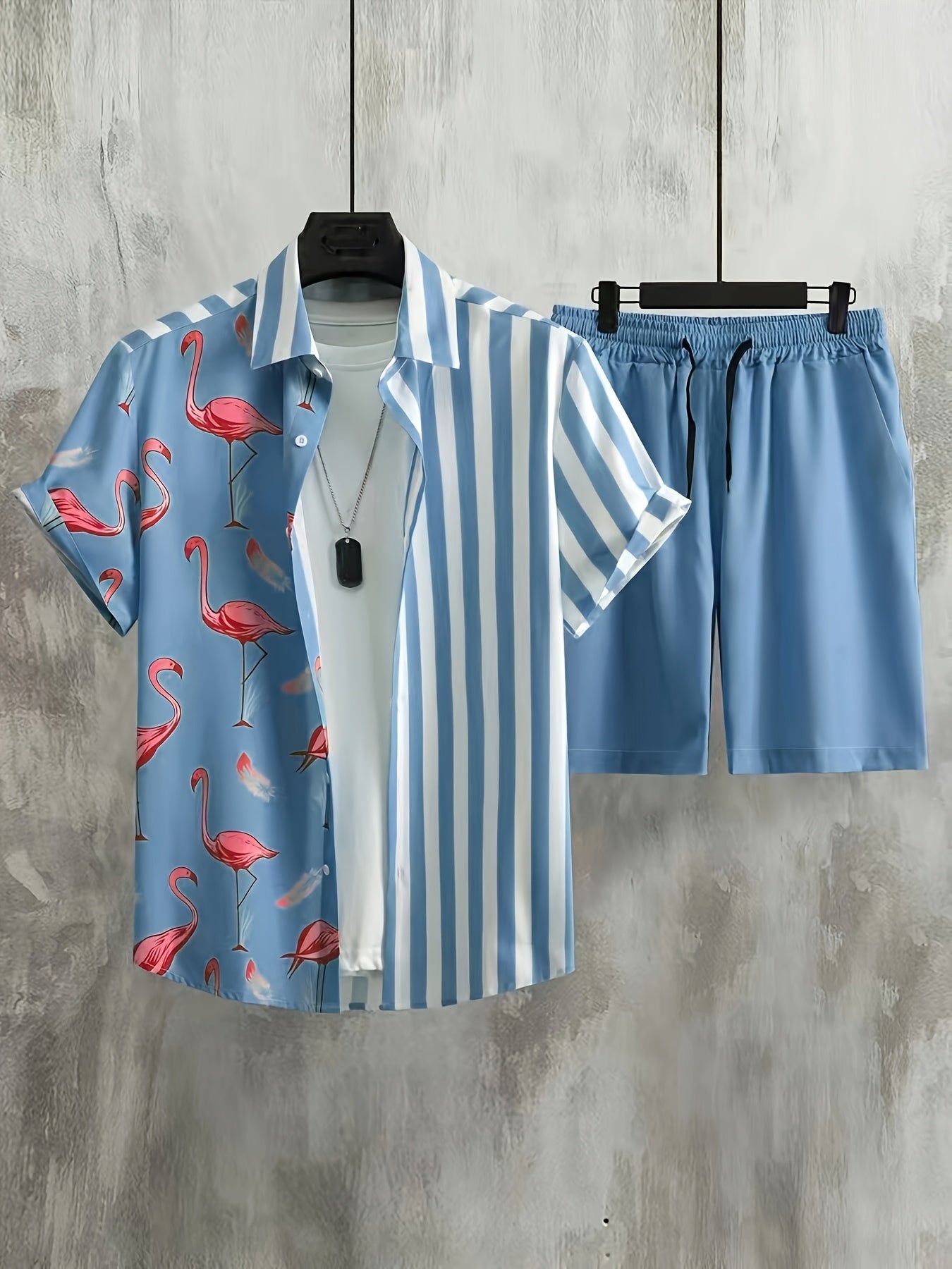 Herren Sommer Freizeit Set mit Flamingo Motiv und Streifen – Stilvolles Kurzarmhemd & Shorts für Urlaub und Alltag