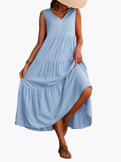 Damen Maxikleid Sommer Boho Elegant Ärmellos Freizeit V-Ausschnitt