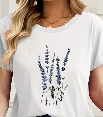 Damen T-Shirt mit Wildblumen-Print – Künstlerisches Blumenmotiv, Kurzarm, Modern Freizeitstil