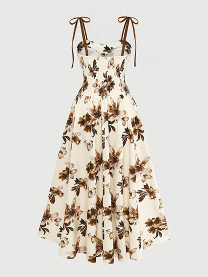 Damen Midikleid mit Blumenmuster und Schleifen-Trägern – Elegantes A-Linienkleid für besondere Anlässe