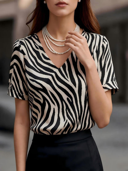 Damen Zebra-Print Bluse mit V-Ausschnitt – Elegante Kurzarm Business & Freizeit Bluse
