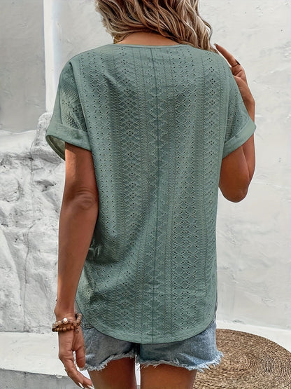 Damen Elegante V-Ausschnitt Sommerbluse mit Lochmuster – Lässiger Chic für Alltag & Freizeit