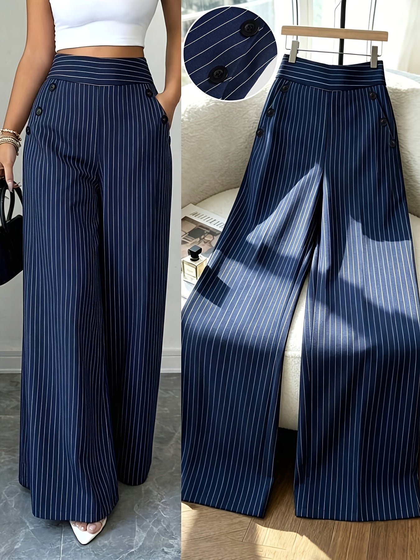 Damen Maritim-Style High-Waist Weitbein-Hose mit Streifen und Knopfdetails