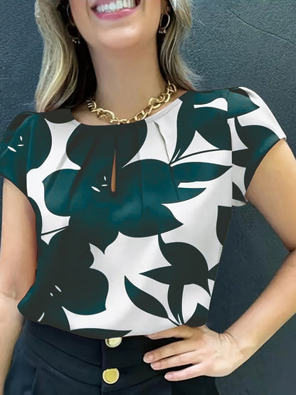 Damen Bluse mit abstraktem Muster und Falten-Detail – Elegante Sommer-Office-Mode