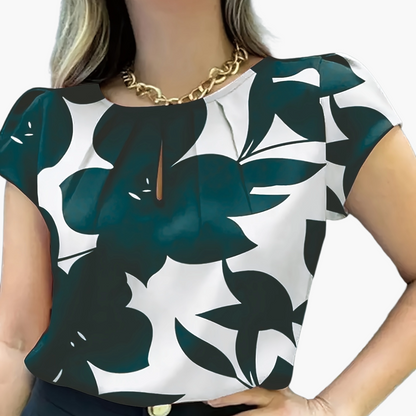 Damen Bluse mit abstraktem Muster und Falten-Detail – Elegante Sommer-Office-Mode