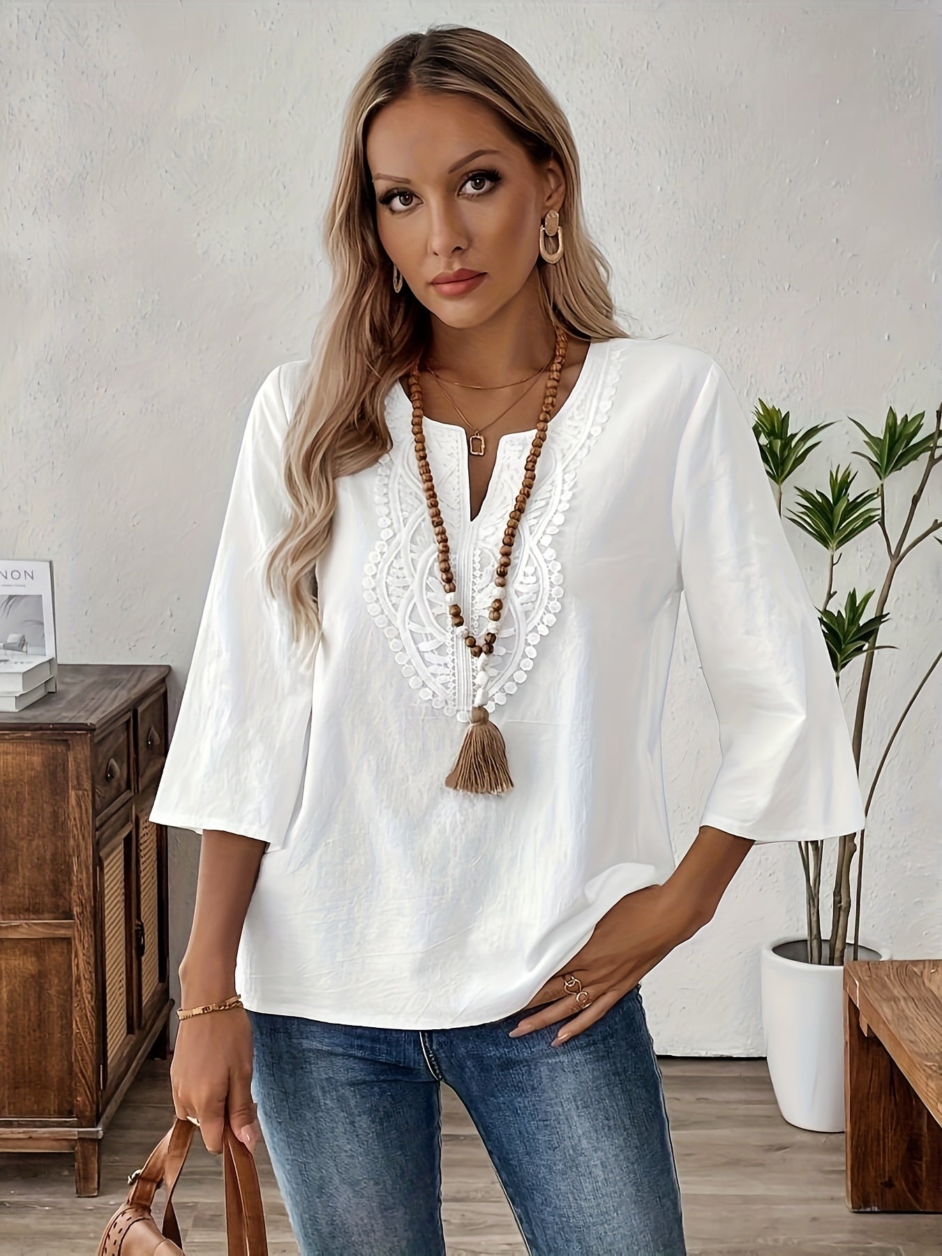 Damen Boho-Bluse mit Stickerei und 3/4-Ärmeln – Lässige Tunika für Alltag und Freizeit