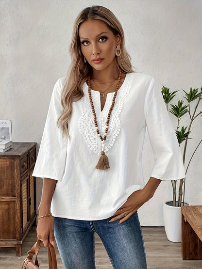 Damen Boho-Bluse mit Stickerei und 3/4-Ärmeln – Lässige Tunika für Alltag und Freizeit