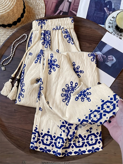 Damen Palazzo-Hose mit Boho-Stickerei und weitem Bein – Eleganter Freizeit-Look
