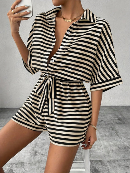 Damen Sommer Overall gestreift – Lässiger Jumpsuit mit Gürtel für Alltag und Urlaub