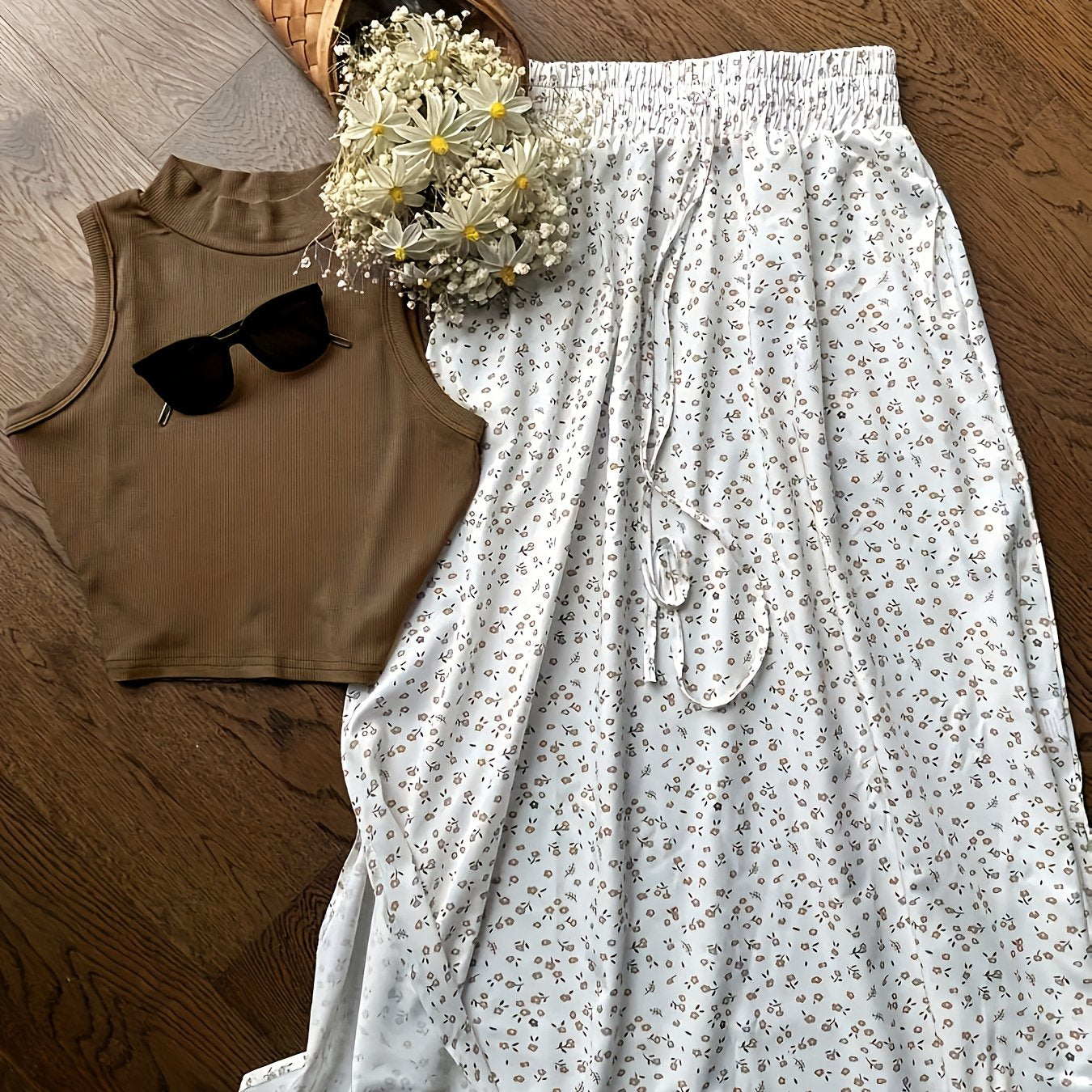 Damen Modisches Zweiteiler-Set mit Rippen-Top und Blumenrock – Eleganter Freizeit-Look