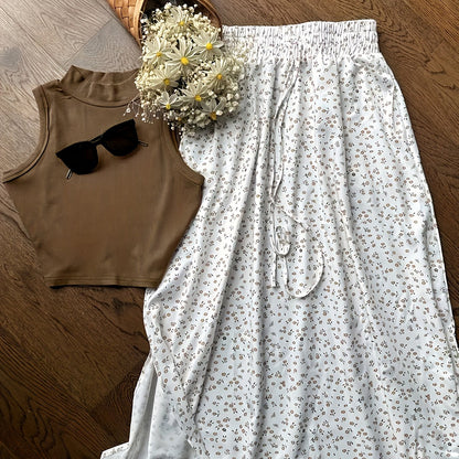 Damen Modisches Zweiteiler-Set mit Rippen-Top und Blumenrock – Eleganter Freizeit-Look