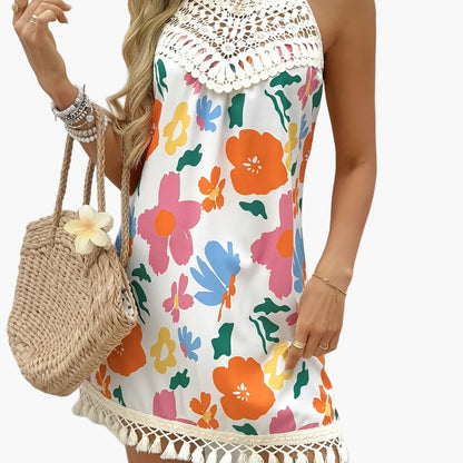 Damen Sommer Tunika Strandkleid mit Häkelspitze und Paisley-Muster – Boho Chic Freizeitkleid