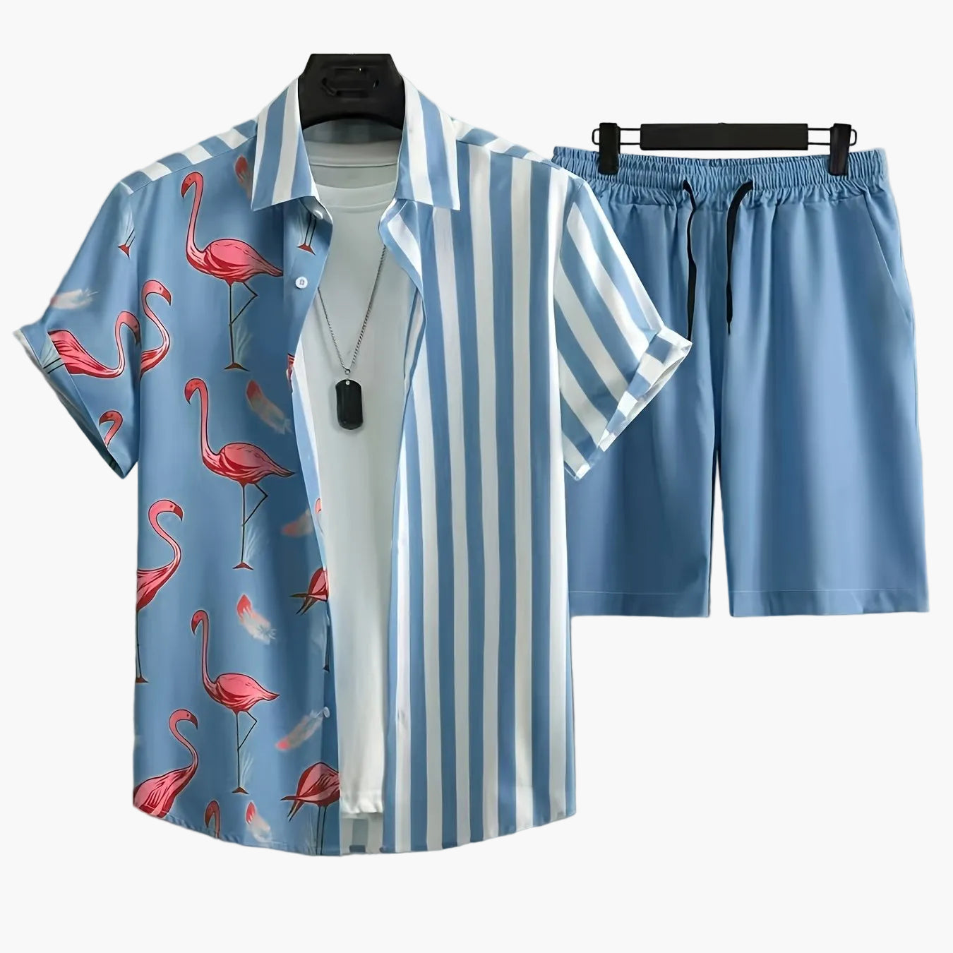 Herren Sommer Freizeit Set mit Flamingo Motiv und Streifen – Stilvolles Kurzarmhemd & Shorts für Urlaub und Alltag