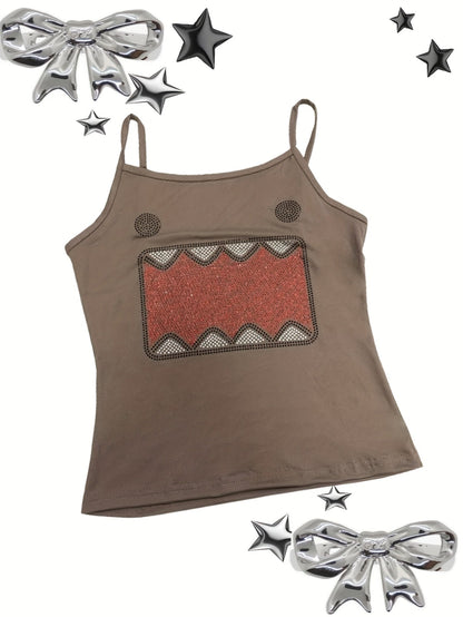 Damen Y2K Streetwear Tanktop mit Cartoon-Motiv und Ripped Jeans – Trendy Urban Style