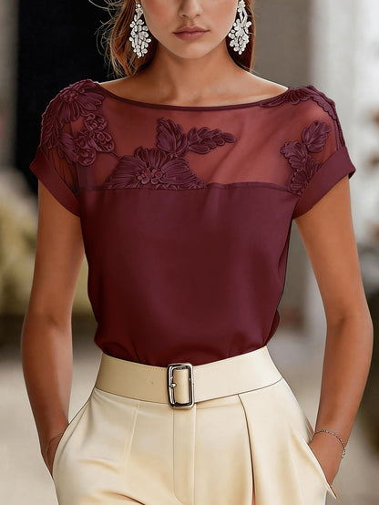 Damen Bluse Elegant mit Blumenstickerei und Illusionsausschnitt – Festlich & Büro