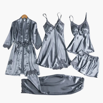 Damen Luxus Nachtwäsche Set – 5-teiliges Satin Schlafanzug Set mit Kimono, Nachthemd, Top, Shorts und Hose – Eleganter Stil für Zuhause und besondere Anlässe