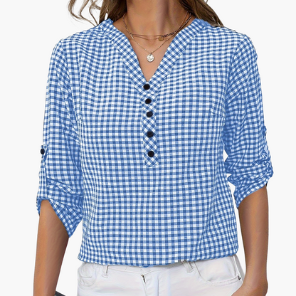 Damen Casual Karo Bluse mit Knopfleiste und 3/4-Ärmeln – Perfekt für Alltag & Freizeit