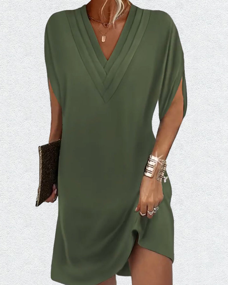 Damen Sommerkleid Elegant V-Ausschnitt Freizeitkleid mit Schlitzärmeln – Perfekt für Alltag & Events