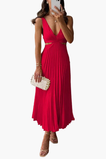 Damen Plissee-Midikleid Elegant – Festliches Abendkleid mit Faltenrock und Cut-Outs, Cocktail & Anlassmode
