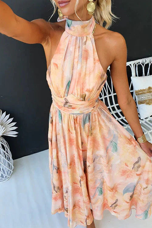 Damen Maxi Sommerkleid mit Wasserfarben-Print und Neckholder – Elegantes Kleid für besondere Anlässe