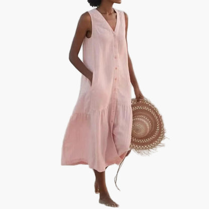 Damen Sommer Midikleid ärmellos V-Ausschnitt Strandkleid Freizeitkleid