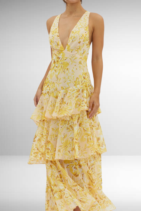 Damen Maxi Kleid mit Volants und tiefem V-Ausschnitt – Elegantes Sommerkleid für besondere Anlässe