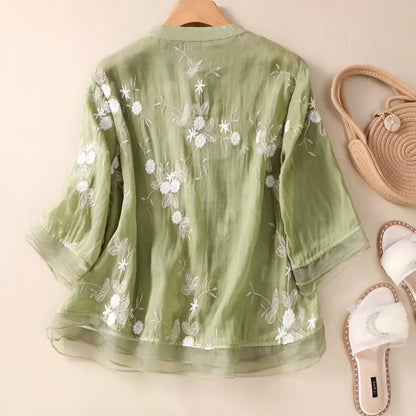Damen Bluse mit floraler Stickerei und lockerem Schnitt – Elegante Freizeitmode