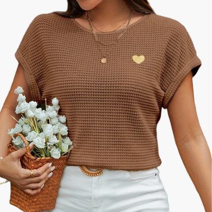 Damen Sommer Strickshirt mit Herz-Stickerei – Eleganter Freizeit-Look, Kurzarm, Ideal für Urlaub & Alltag