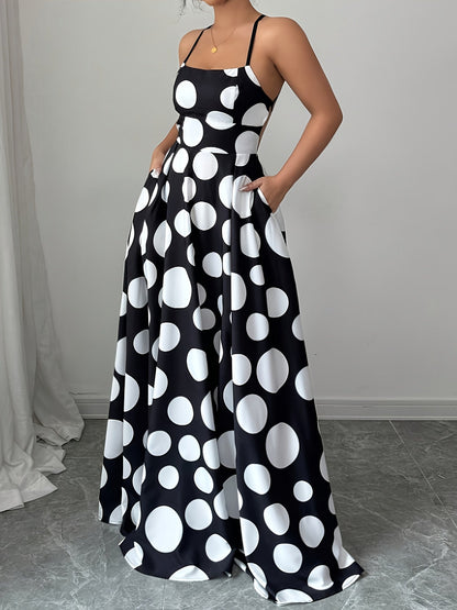 Damen Maxikleid mit Rückenausschnitt und großen Punkten – Elegantes Partykleid im Vintage-Stil