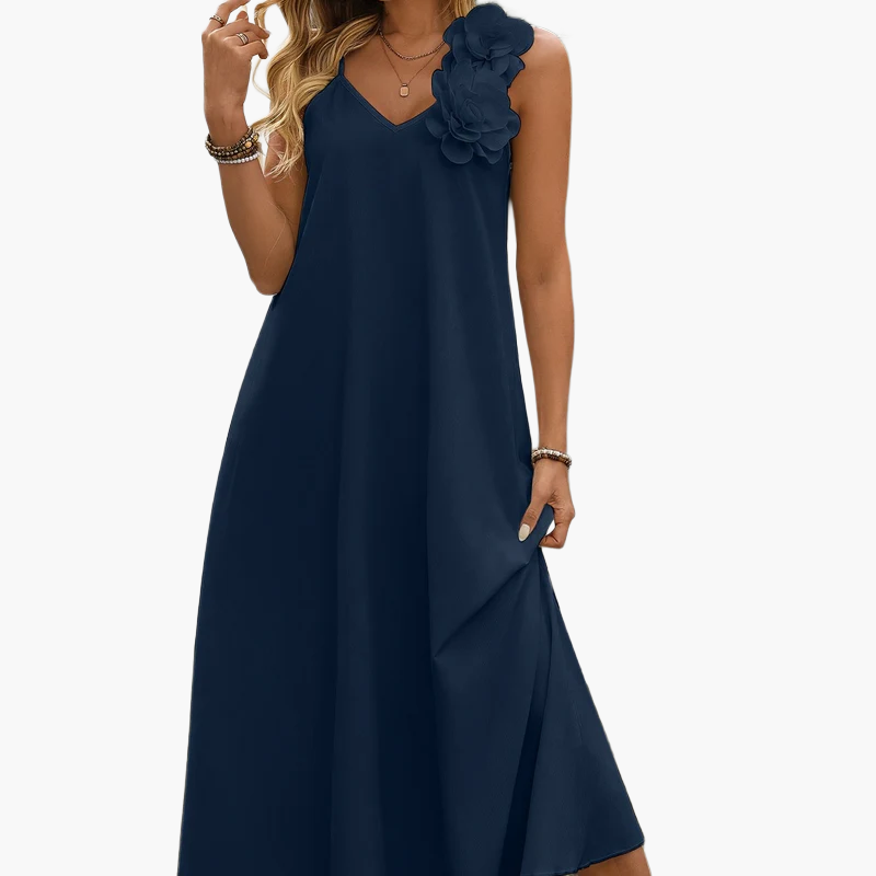 Damen Sommerkleid Elegant mit Blumenapplikation und V-Ausschnitt – Perfekt für Gartenpartys und besondere Anlässe