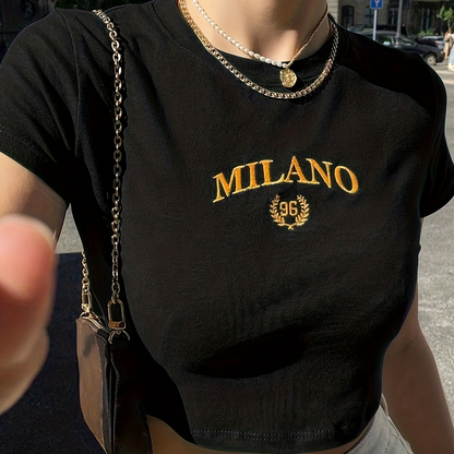 Damen Crop T-Shirt Milano Stickerei Streetwear Y2K Style