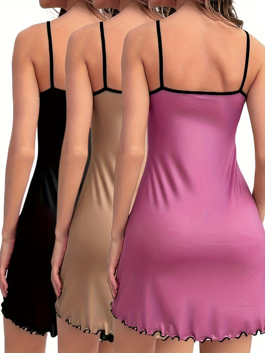 Damen Nachthemd Set, Elegantes Slipkleid mit Spaghettiträgern, 3er-Pack, Komfort für Zuhause und Nachtwäsche