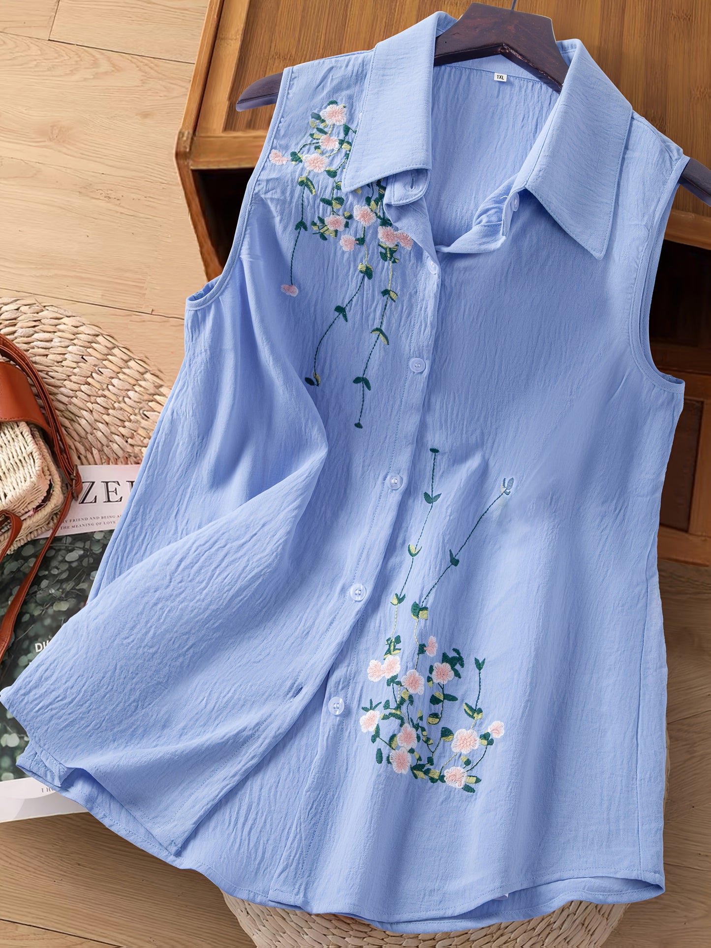Damen ärmellose Bluse mit Blumenstickerei und Kragen – Elegant für Freizeit & Büro