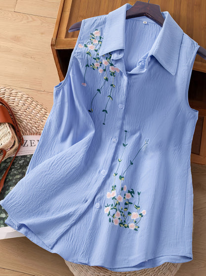 Damen ärmellose Bluse mit Blumenstickerei und Kragen – Elegant für Freizeit & Büro