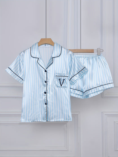 Damen Satin Pyjama Set mit Streifen, Kurzarm, Klassischer Schlafanzug für Frühling und Sommer