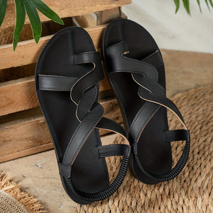Damen Zehentrenner-Sandalen mit Wellenriemen und Sternendetail – Elegante Flats für Urlaub & Freizeit