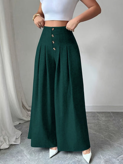 Damen Weite High-Waist-Hose mit Knopfdetails und Eleganten Falten – Modische Business & Freizeit Wide Leg Pants